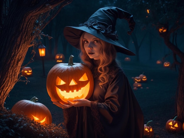 Una escena de Halloween bruja con una superposición de calabaza y una luz vibrante que ilumina la noche.