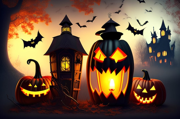 Una escena de halloween con una calabaza y una casa con murciélagos y murciélagos.