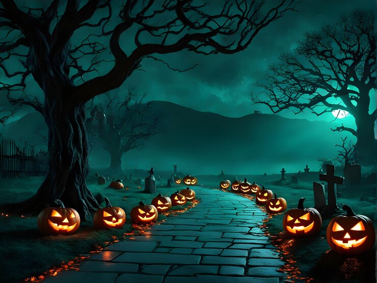 una escena de halloween con calabazas y árboles al fondo