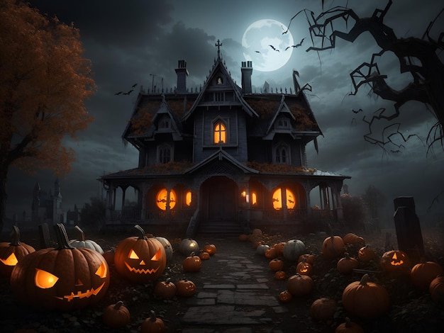 Una escena de Halloween con calabazas y una casa embrujada.