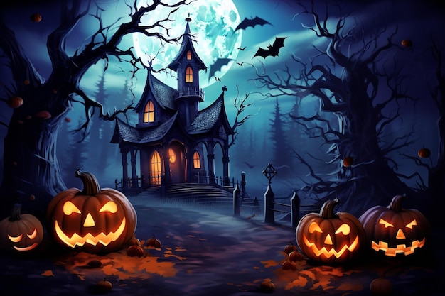 escena de halloween con calabazas y una casa espeluznante en el fondo ai generativo