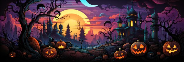 Foto una escena de halloween con calabazas y un castillo calabazas castillo decoración de halloween disfraces de miedo