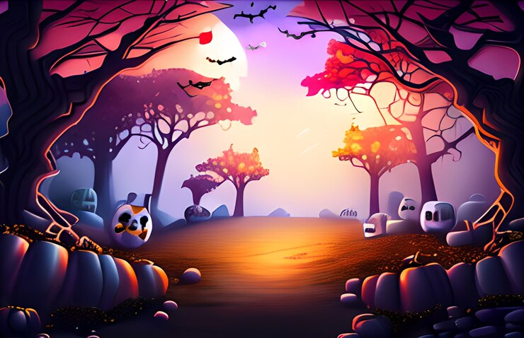una escena de Halloween con calabazas y fantasmas en el bosque