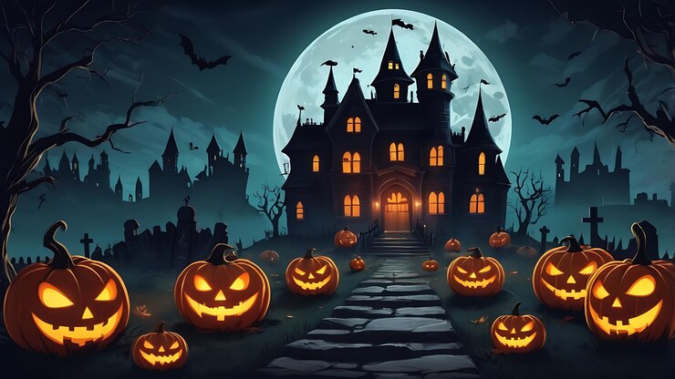 una escena de Halloween con calabazas y una luna llena detrás de ella