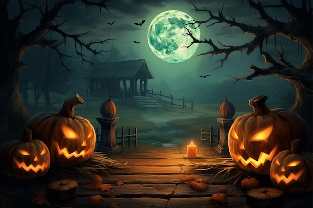 escena de halloween con calabazas murciélagos y luna llena en el fondo