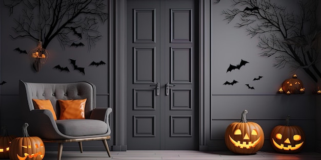 Foto una escena de halloween con calabazas y murciélagos en la pared