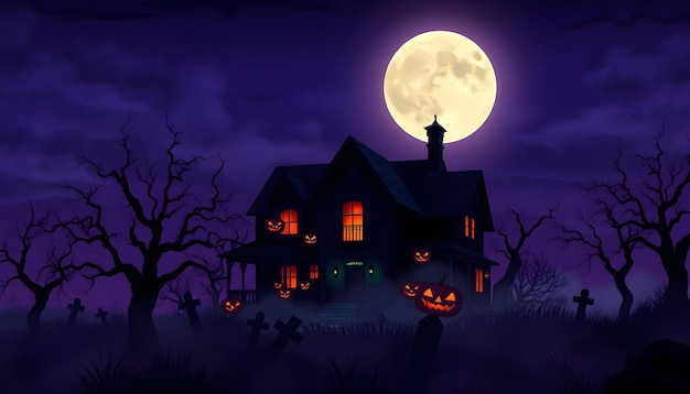 una escena de Halloween con calabazas en la parte delantera