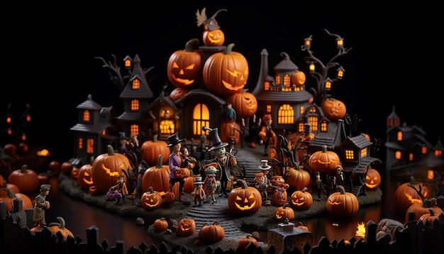 Escena de Halloween con calabazas en una representación 3d de fondo oscuro