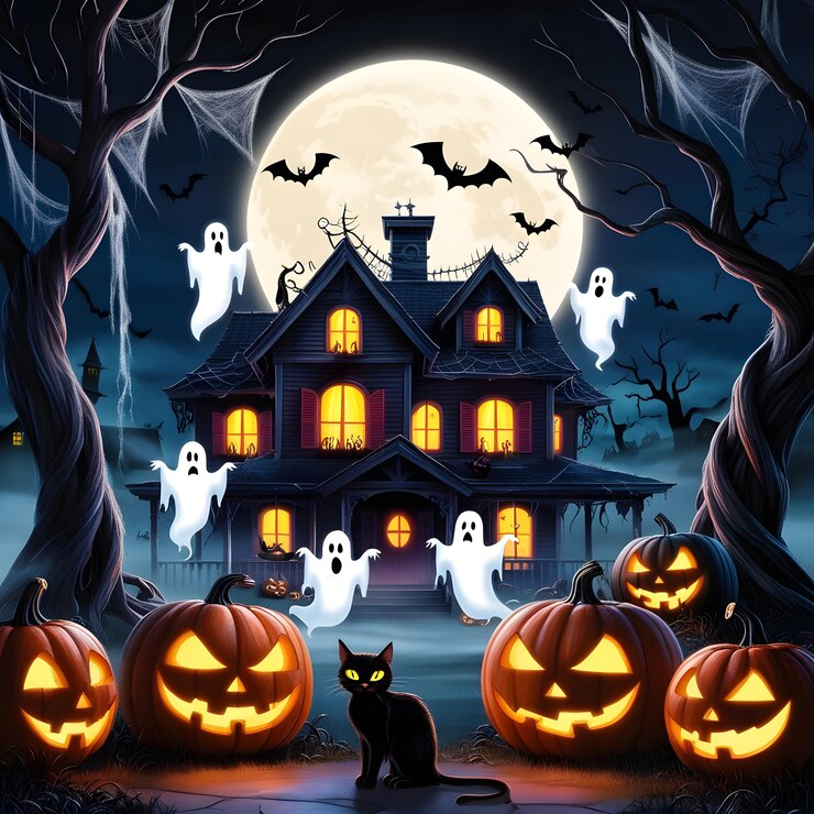 una escena de Halloween con una casa y calabazas en el frente