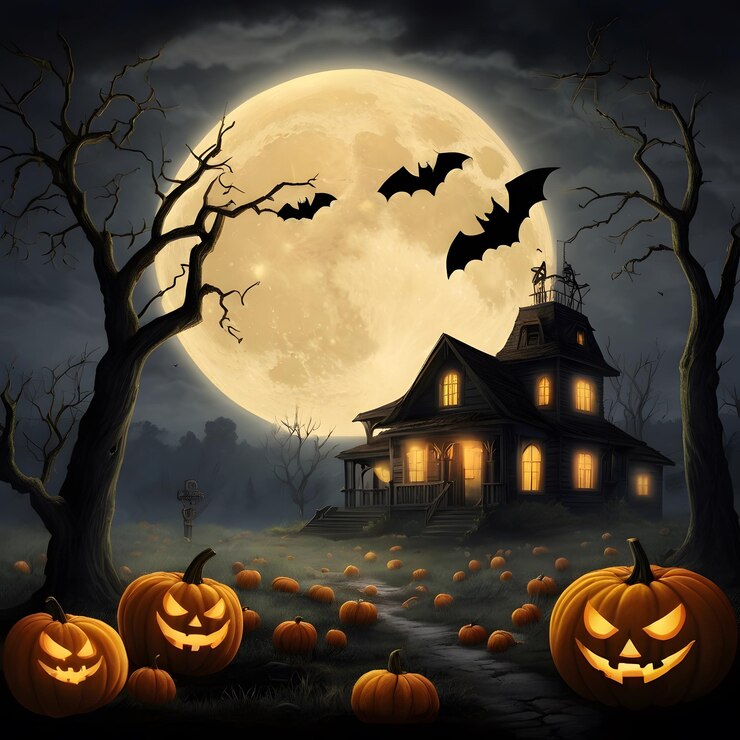 una escena de Halloween con una casa y calabazas en el frente