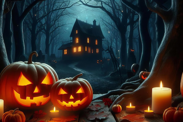 Escena de Halloween con una casa y calabazas