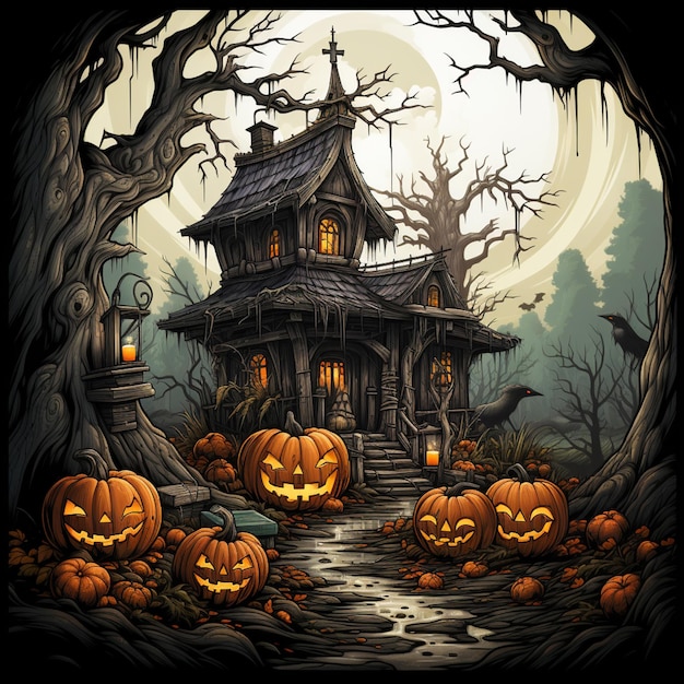 escena de halloween con una casa espeluznante y calabazas en primer plano generativo ai