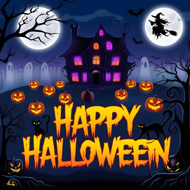 una escena de Halloween con una casa en el frente y las palabras feliz Halloween en el frente