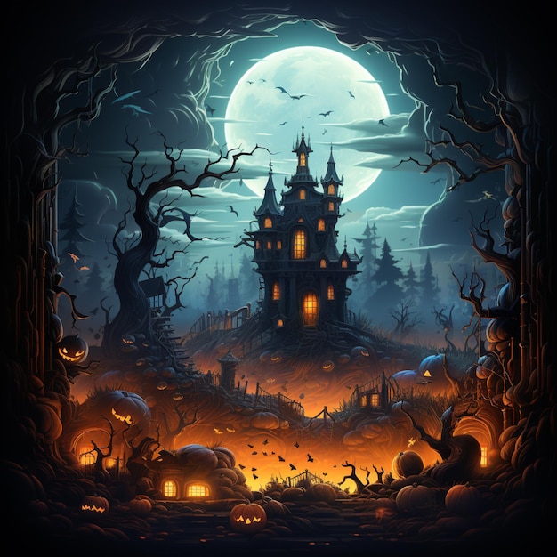 escena de halloween con un castillo y calabazas en primer plano generativ ai