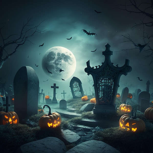 escena de halloween con cementerio y calabazas a la luz de la luna generativo ai