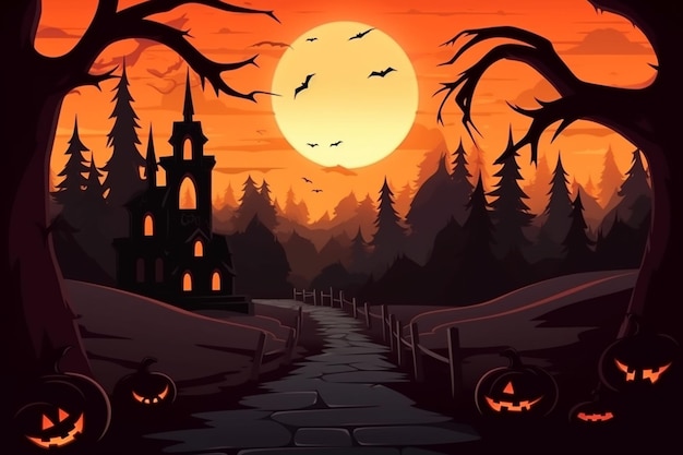 Una escena de halloween con un cementerio y luna llena.