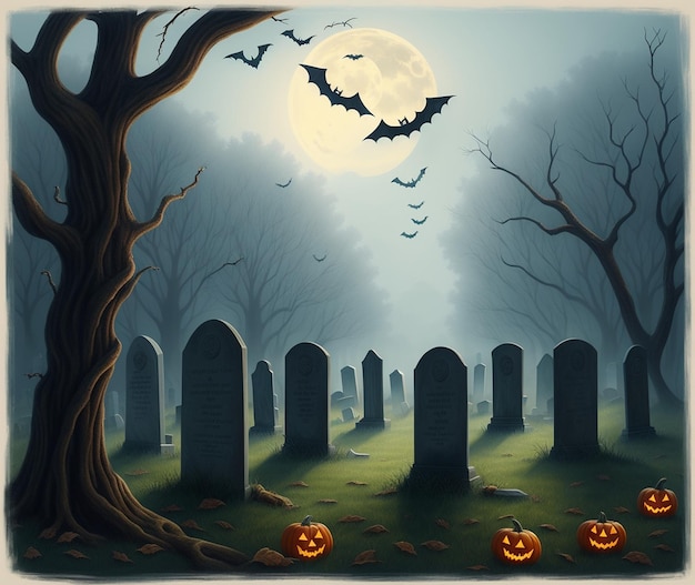 Una escena de Halloween con un cementerio y murciélagos colgando de los árboles.