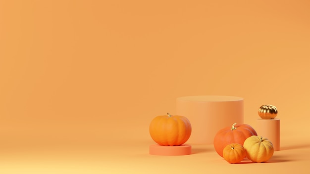 Escena de Halloween de diseño 3D con podio de producto sobre fondo naranja