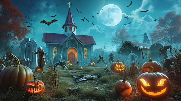 La escena de Halloween de la fiesta de calabazas y zombies en el cementerio a la luz de la luna Generative Ai