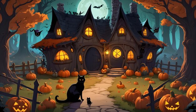 una escena de Halloween con un gato negro y calabazas