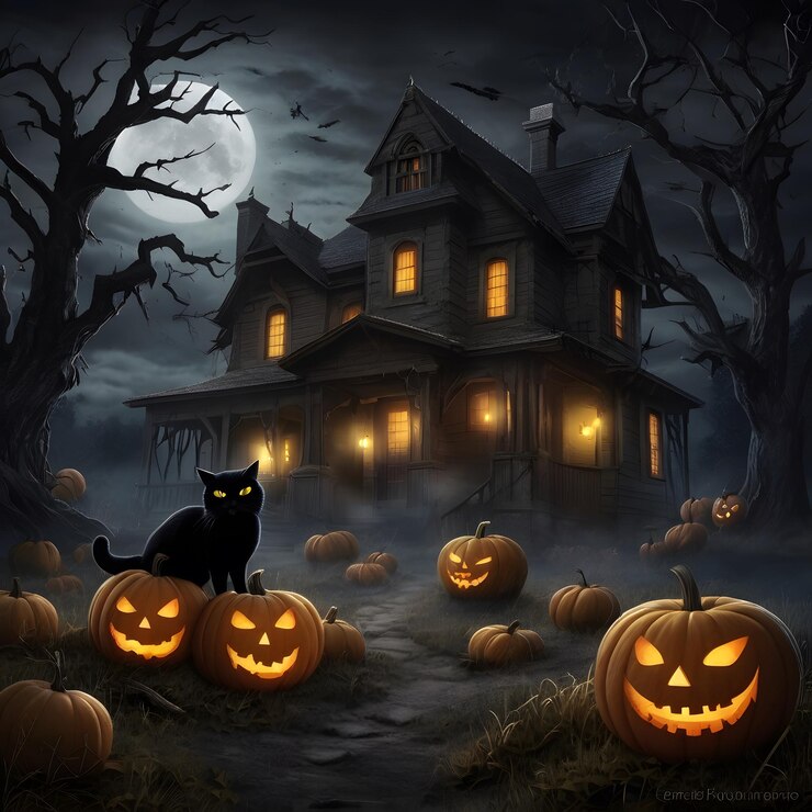 una escena de Halloween con un gato negro en el frente de una casa con calabazas en el frente
