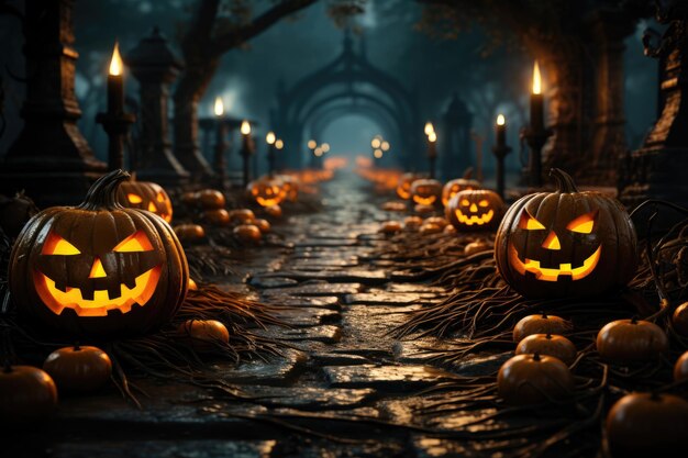 Escena de Halloween en HD con murciélagos de calabaza y luna llena en el fondo IA generativa