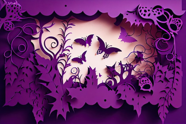 Escena de Halloween hecha de papel morado.