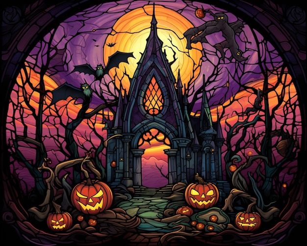 escena de halloween con una iglesia gótica y calabazas en primer plano ai generativo