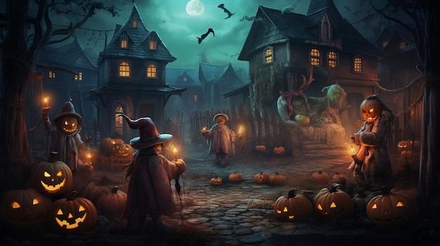 Escena de Halloween niños disfrazados yendo a pedir dulces