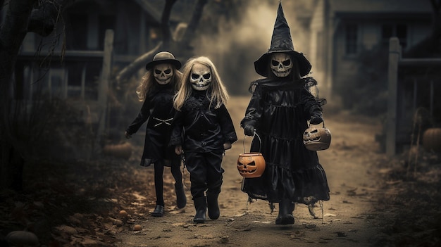 Escena de Halloween niños disfrazados yendo a pedir dulces