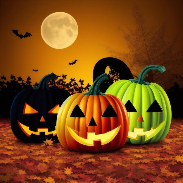 Una escena de halloween con tres calabazas con la luna al fondo.