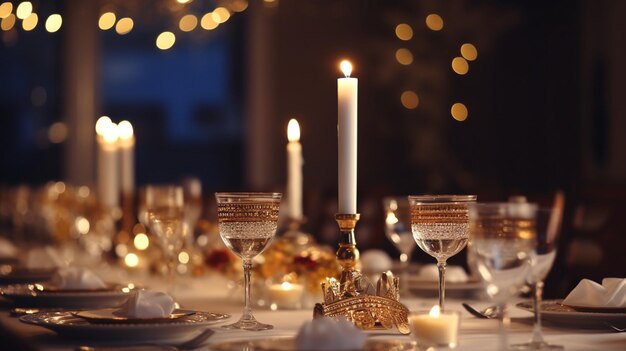 Foto una escena de hanukkah con una menorá colocada en una mesa de comedor bellamente decorada creando un elegante y en