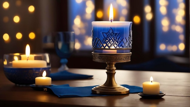Una escena de Hanukkah con una vela encendida sobre la mesa