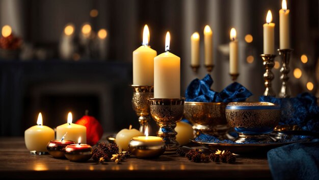 Una escena de Hanukkah con una vela encendida sobre la mesa