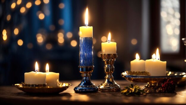 Una escena de Hanukkah con una vela encendida sobre la mesa