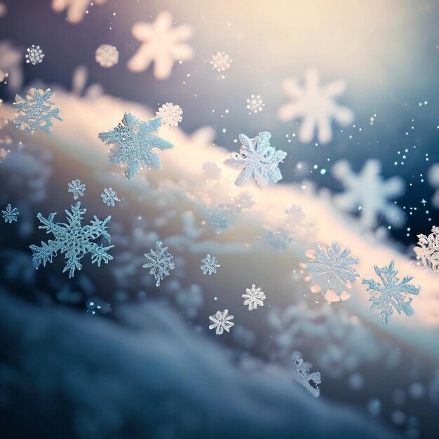 Una escena hipnotizante de copos de nieve a la deriva en el viento con colores suaves