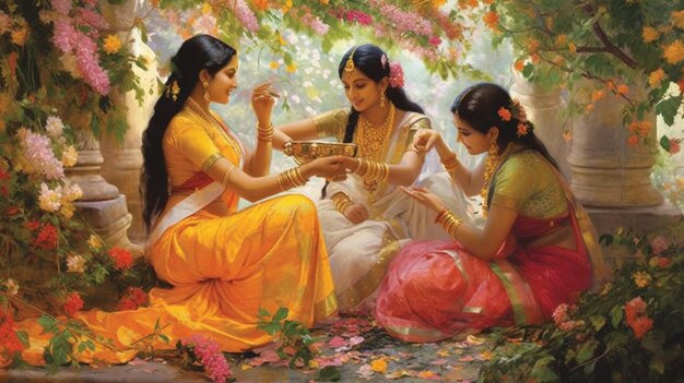 Una escena hipnotizante de mujeres adornándose con hermosas flores mientras se preparan para el Teej