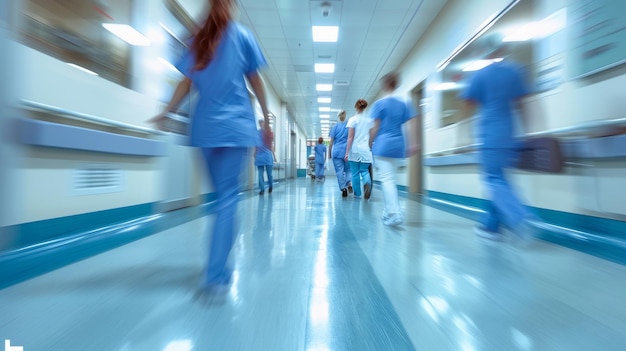 Escena hospitalar desfocada com ambiente de cuidados de saúde ocupado