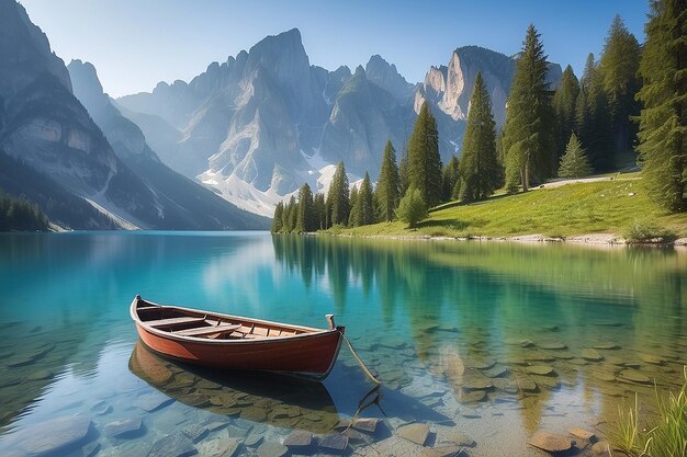 Escena idílica con un barco en el lago Crystal Clear