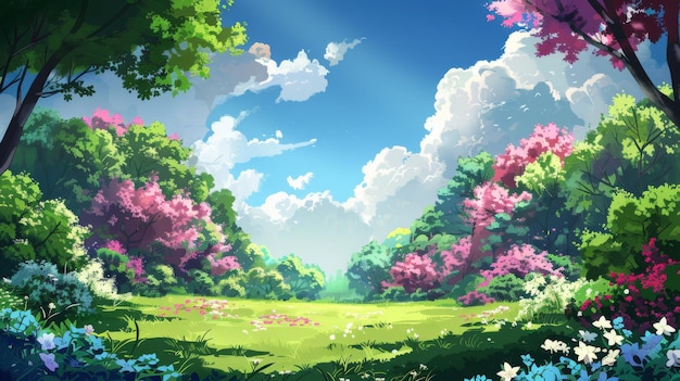 Una escena idílica de un exuberante prado verde con flores y árboles esparcidos