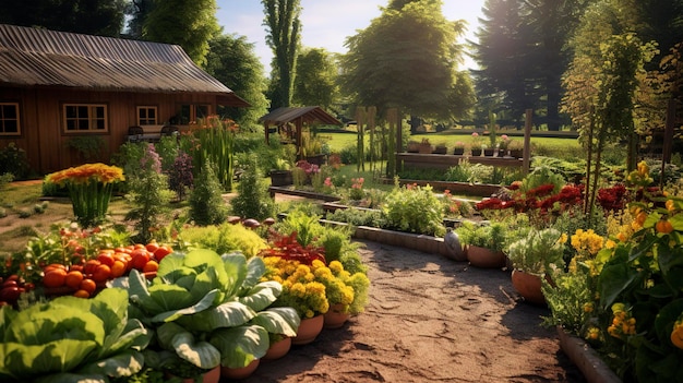 Escena idílica de un jardín con exuberante vegetación, flores vibrantes y un acogedor mirador de madera en un día soleado