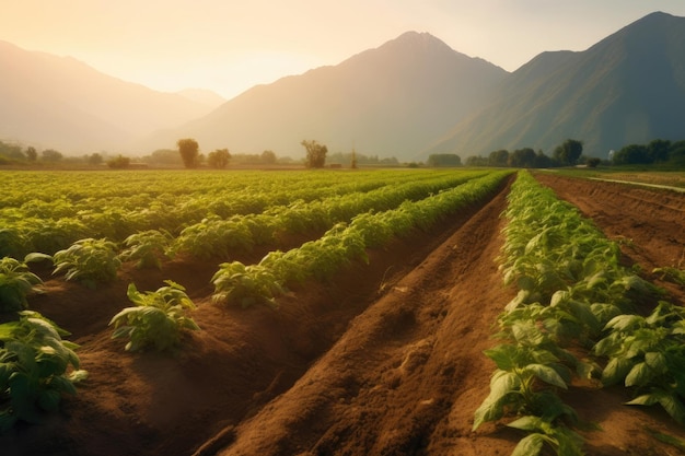 Escena idílica de la mañana Patatas orgánicas que prosperan en tierras de cultivo montañosas IA generativa