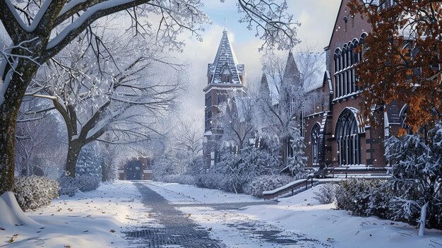 Escena de la iglesia de invierno en el campus universitario de Snowy Street Serenity