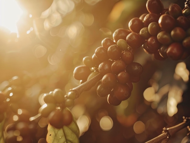 Escena iluminada por el sol con granos de café maduros en primer plano en una rama foto profesional de colores brillantes y ricos