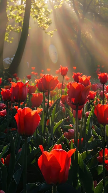 Escena iluminada por el sol con vistas al campo de tulipanes con muchos tulipanes de color brillante y rico