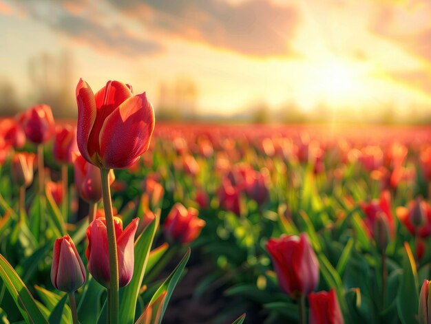 Escena iluminada por el sol con vistas al campo de tulipanes con muchos tulipanes de color brillante y rico