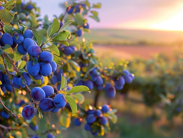 Escena iluminada por el sol con vistas a la plantación de ciruelas con muchas ciruelas de color brillante y rico