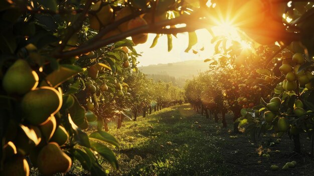 Escena iluminada por el sol con vistas a la plantación de peras con muchas peras de color brillante y rico