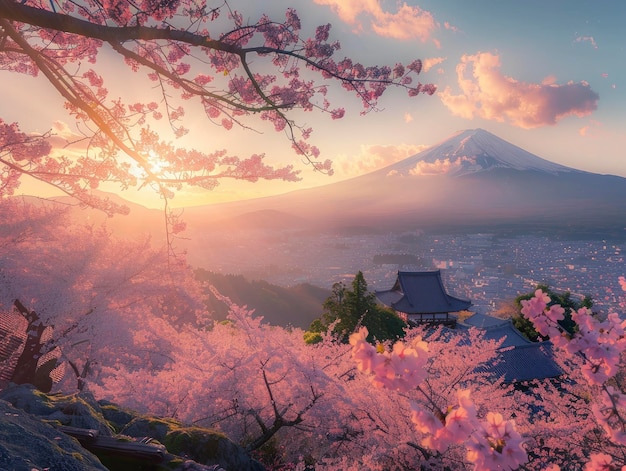 Escena iluminada por el sol con vistas a la plantación de sakura con muchas flores el volcán Fuji en el fondo