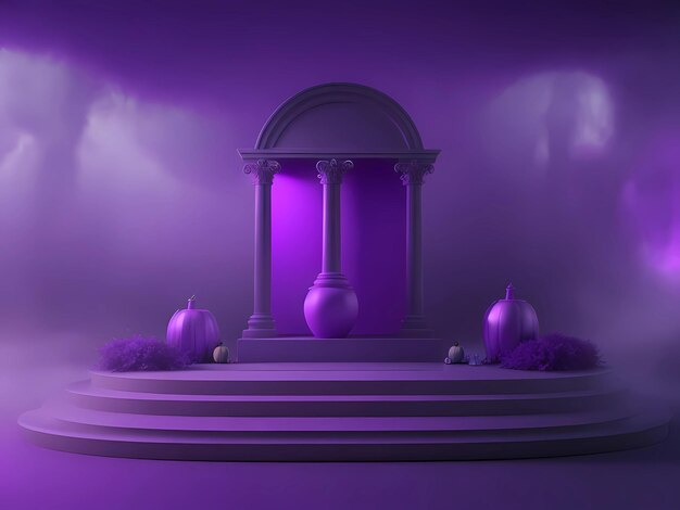 Escena de ilustración de banner de la pasarela de Halloween en tonos púrpura frío oscuro con misteriosas calabazas de niebla y columnas de estilo nocturno Dibujo digital Generación de IA